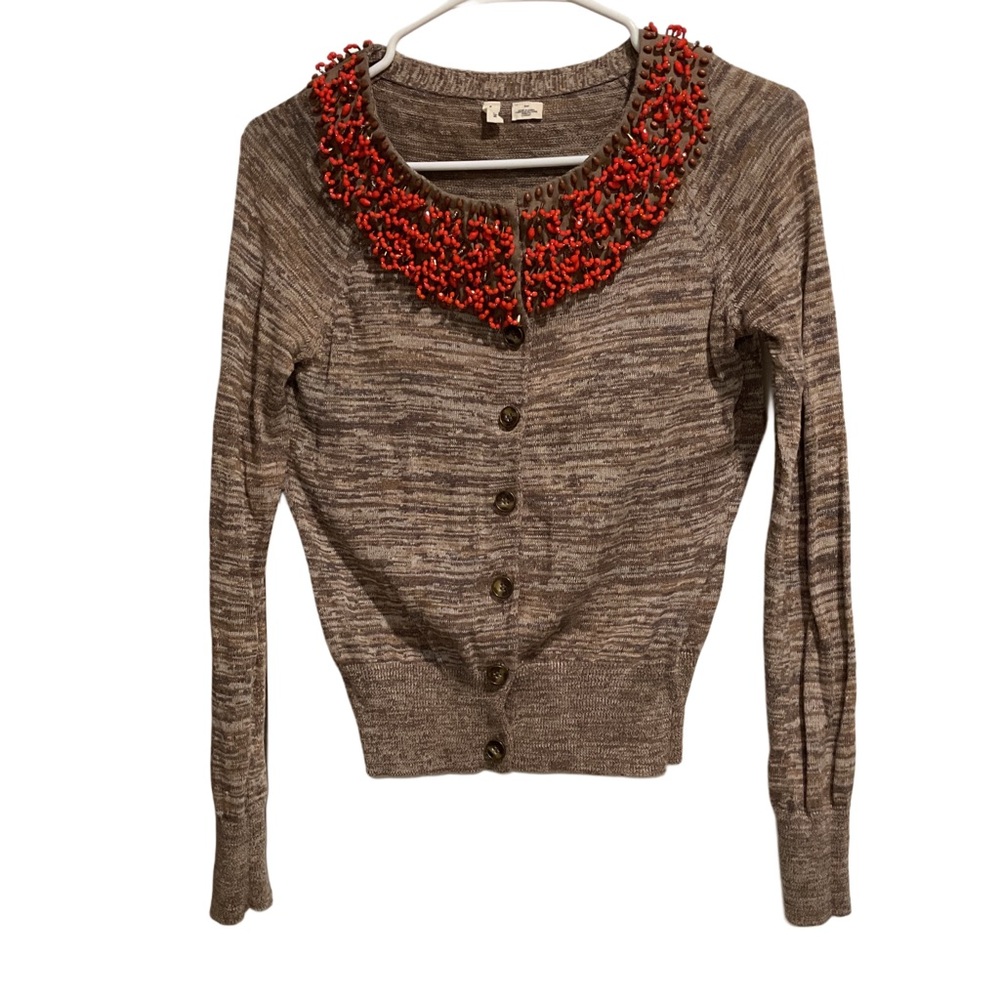 Anthropologie MOTH Jewelers Choice Beaded Cardigan Sweater Brown Heather